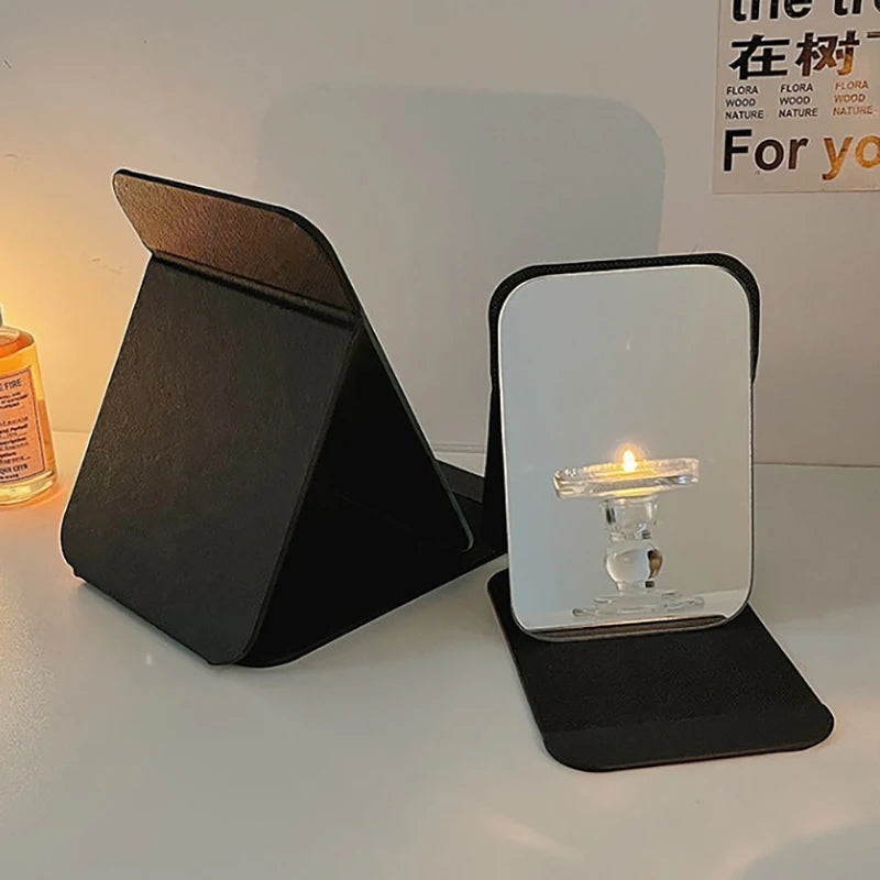 Foldable PU Leather Desktop Makeup Mirror – Black