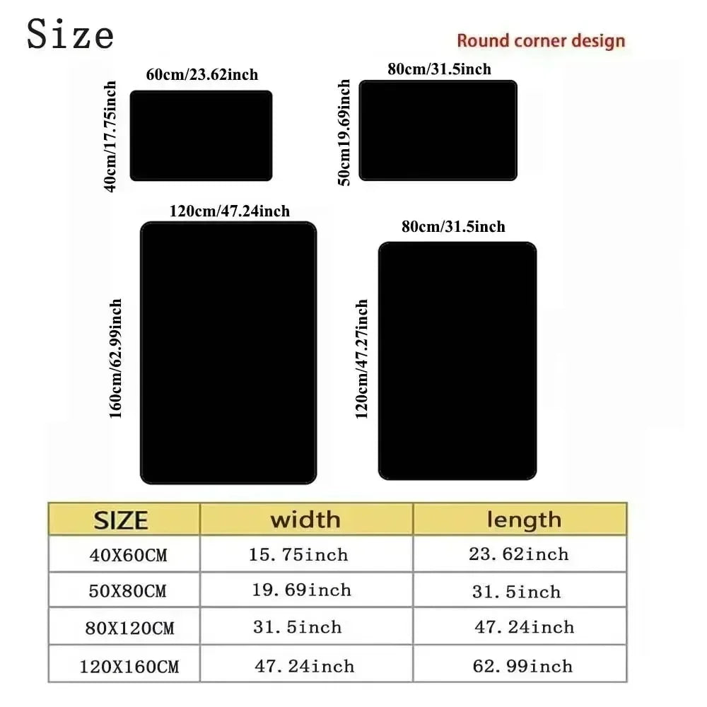 Rug size chart with four rectangular rug dimensions in centimeters and inches