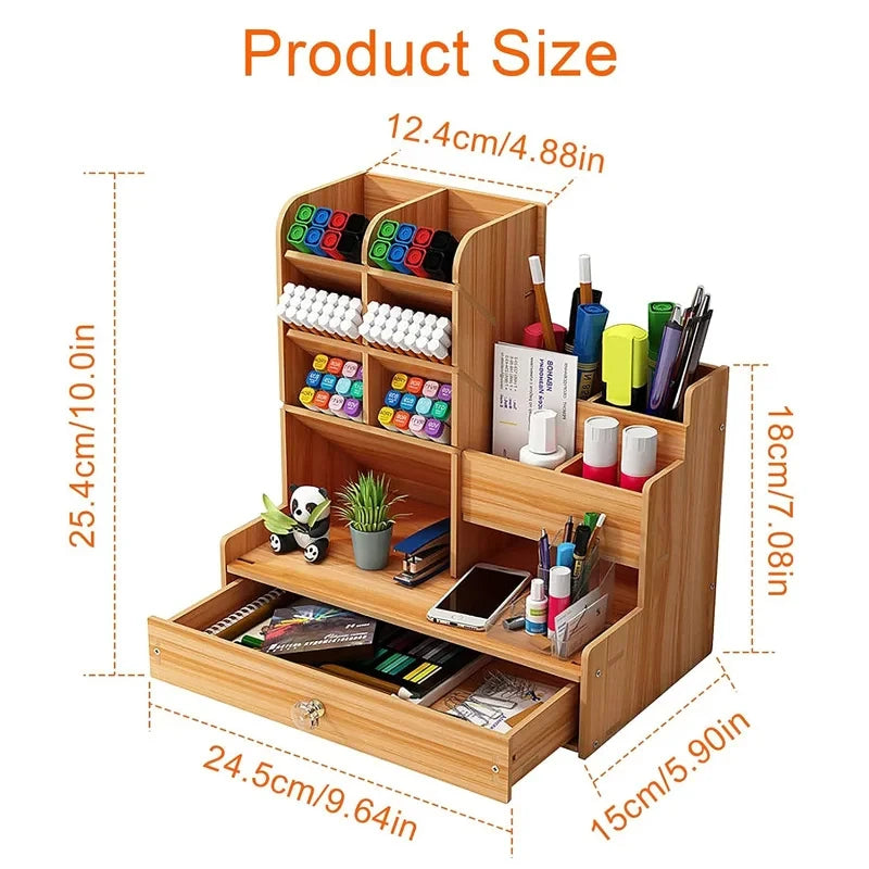 Desk organizer with labeled dimensions in centimeters and inches