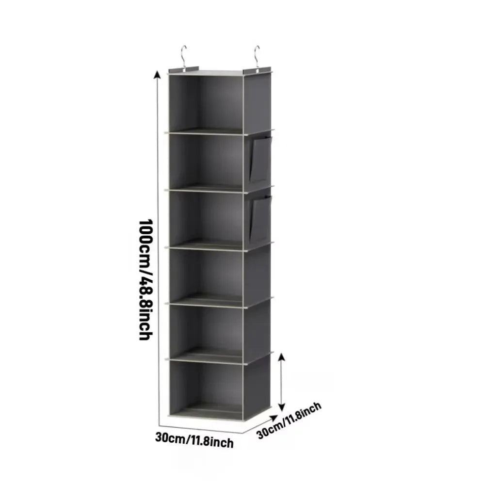 Foldable 6-Shelf Hanging Closet Organizer with Side Pockets – Light Grey