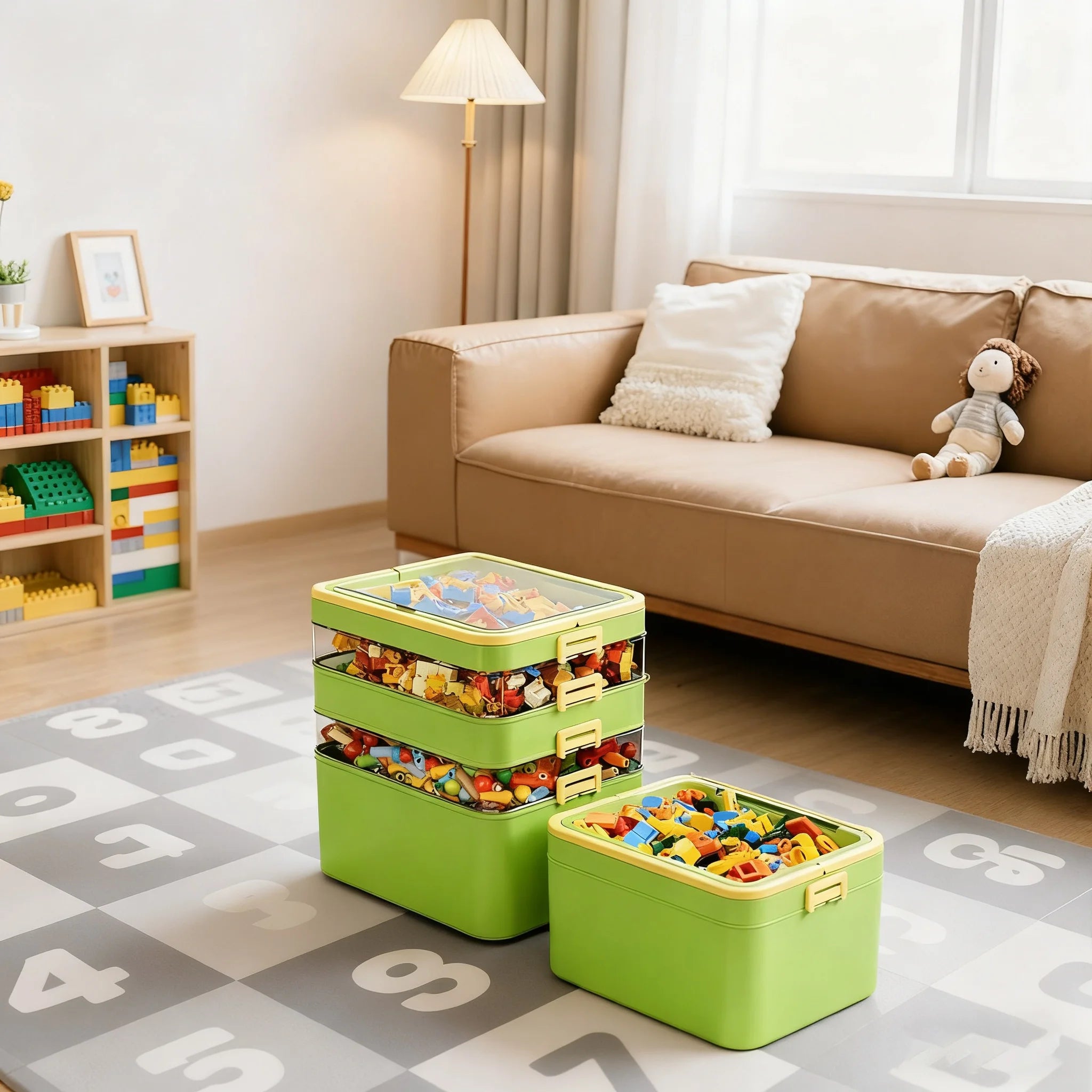 Green storage boxes stacked and separated in a living room play area, filled with colorful building toys, next to a couch