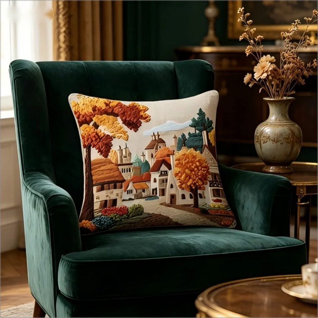 Autumn village throw pillow cover displayed on a deep green armchair in a classic living room setting.