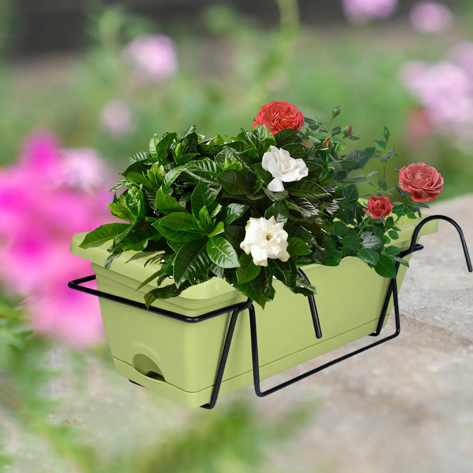 Light green rectangular railing planter with lush flowering plants outdoors