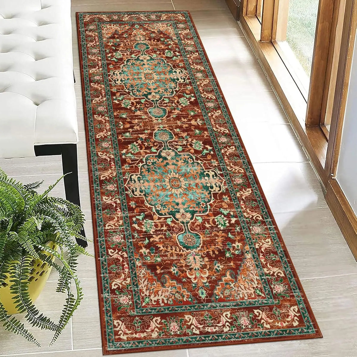 Boho Geometric Hallway Runner Rug – Non-Slip, Water Absorbent, Machine Washable, for Entryway, Kitchen & Laundry