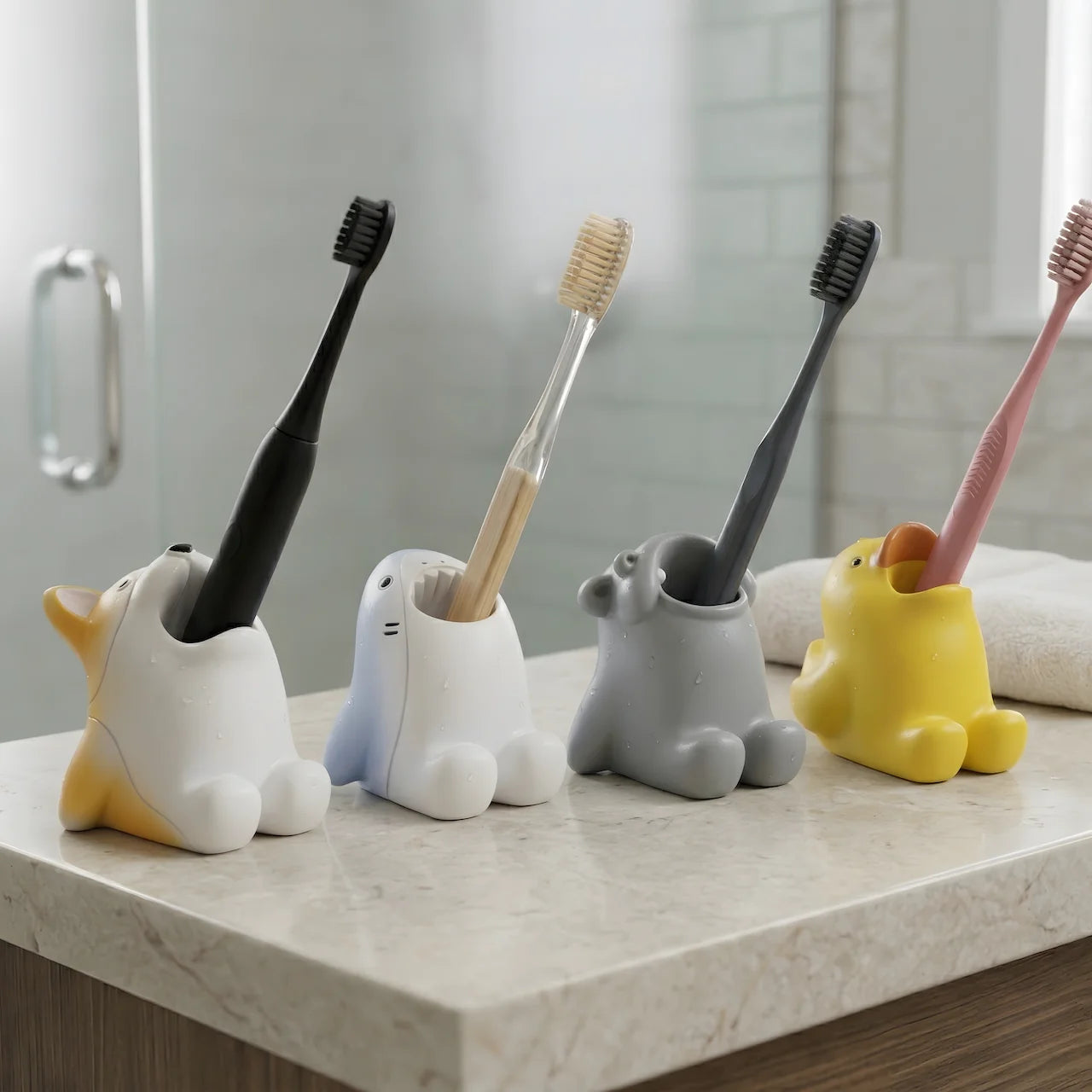Four animal-shaped plastic toothbrush holders—Corgi, Shark, Hippo, and Duckling—on a bathroom counter, each holding a toothbrush.