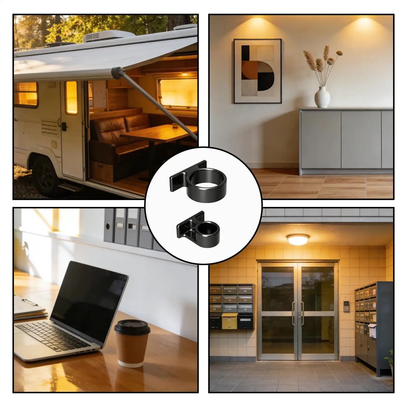 Collage showing umbrella holder used in RV, hallway, home entryway, and office settings