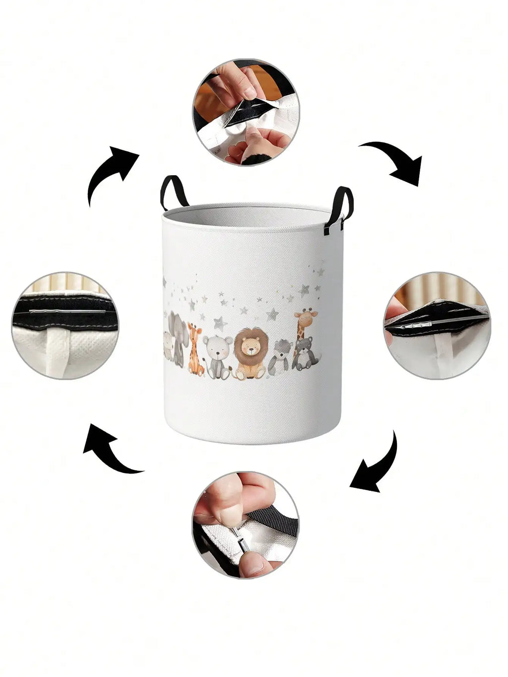 Close-up of the animal canvas laundry basket showing reinforced handles and construction details