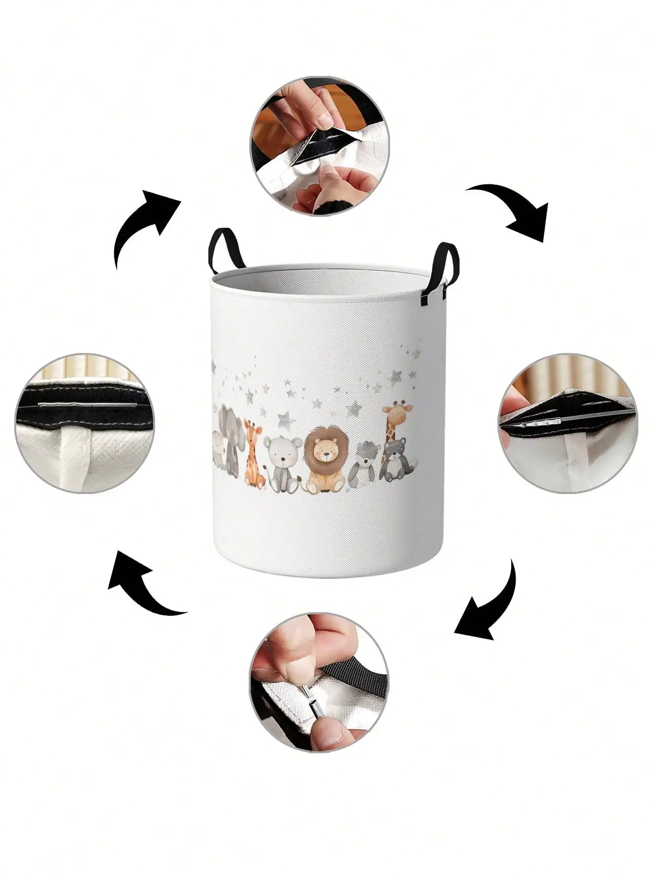Close-up of the animal canvas laundry basket showing reinforced handles and construction details