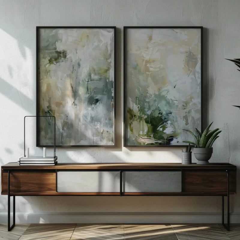 Abstract wall art set with wooden frames next to indoor plants and books