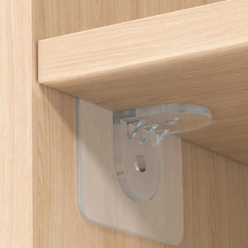 Clear acrylic shelf bracket supporting a wooden shelf inside a cabinet