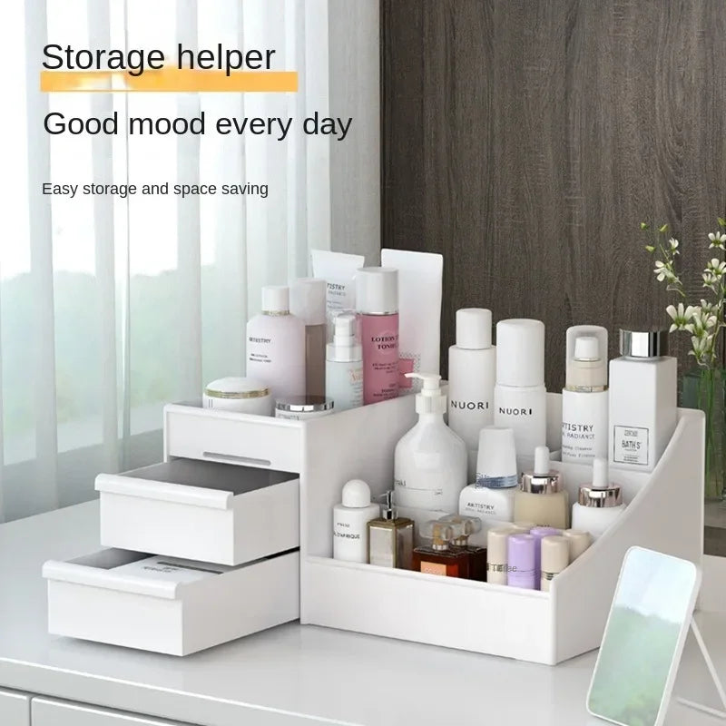 Drawer-Style Plastic Desktop Organizer for Skincare, Makeup & Vanity Storage – White