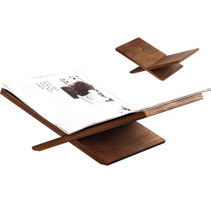 wooden crisscross book stand holding an open book