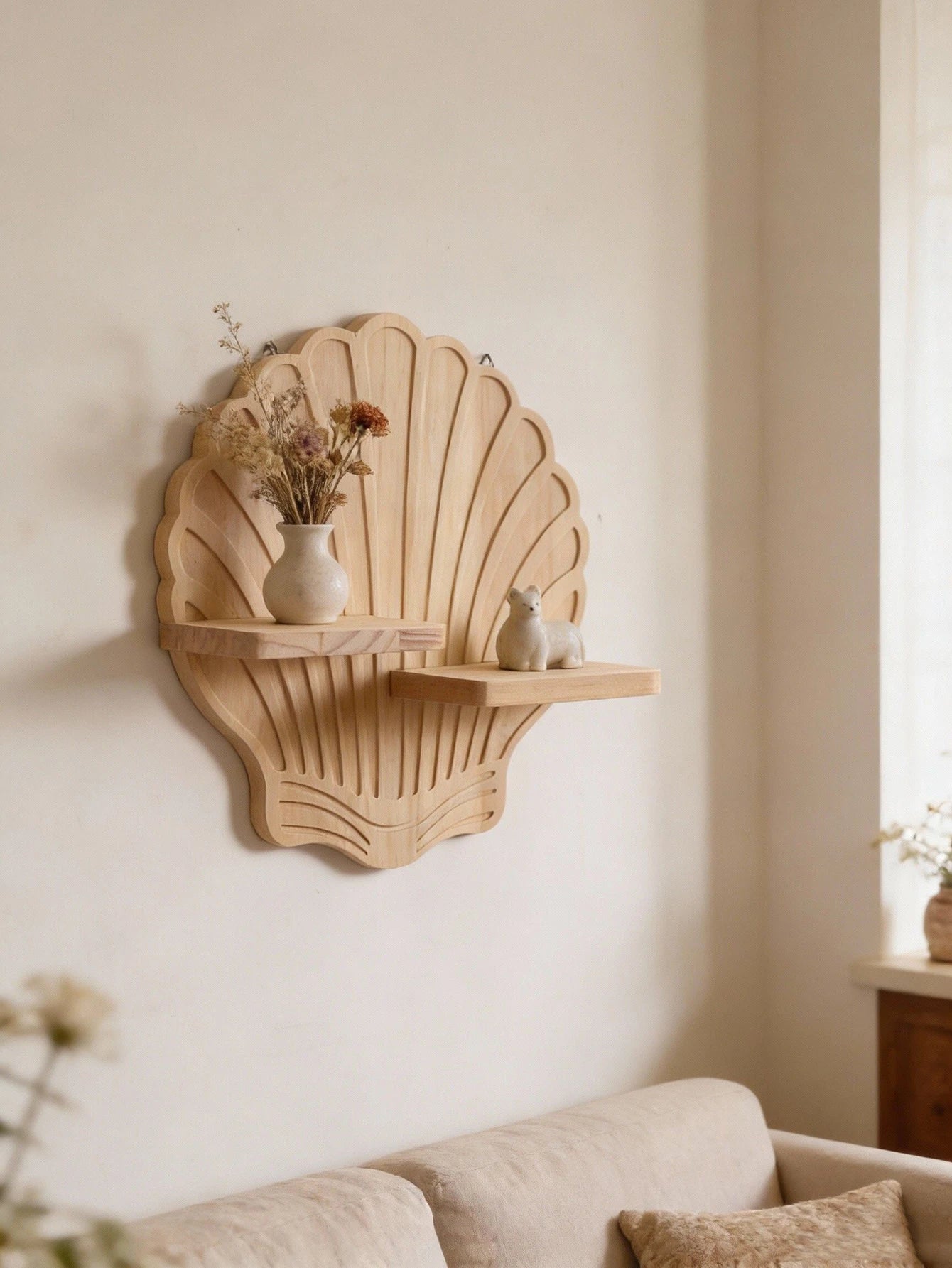 Arden Seashell Wooden Wall Shelf for Bedroom & Living Room Floating Display