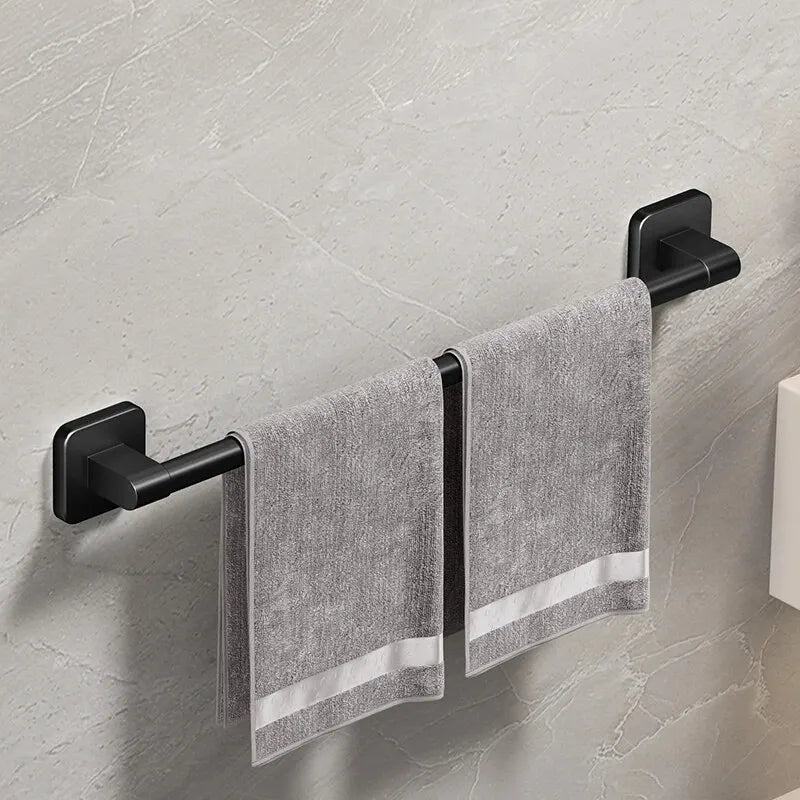 Wall-Mounted Black Aluminum Towel Rack with No-Drill Adhesive for Bathroom or Kitchen Organization – 50cm
