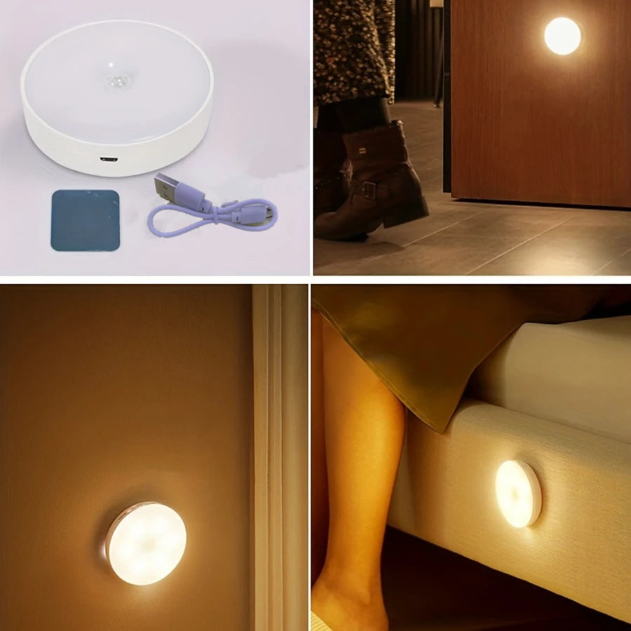 Rechargeable magnetic night light with USB cable and adhesive pad, shown in bedrooms and closets
