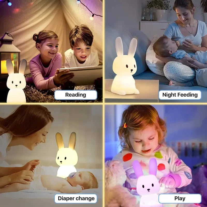Collage of kids using bunny night light for reading, night feedings, diaper changes, and playtime