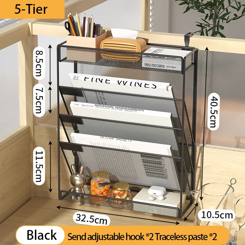 Wall-Mounted Mesh Desk Organizer with Adjustable Hooks, 4-6 Tiers