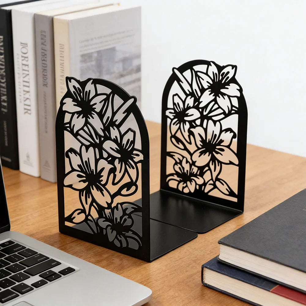 Haven Floral Metal Bookends – Decorative Book Supports for Shelves & Desks