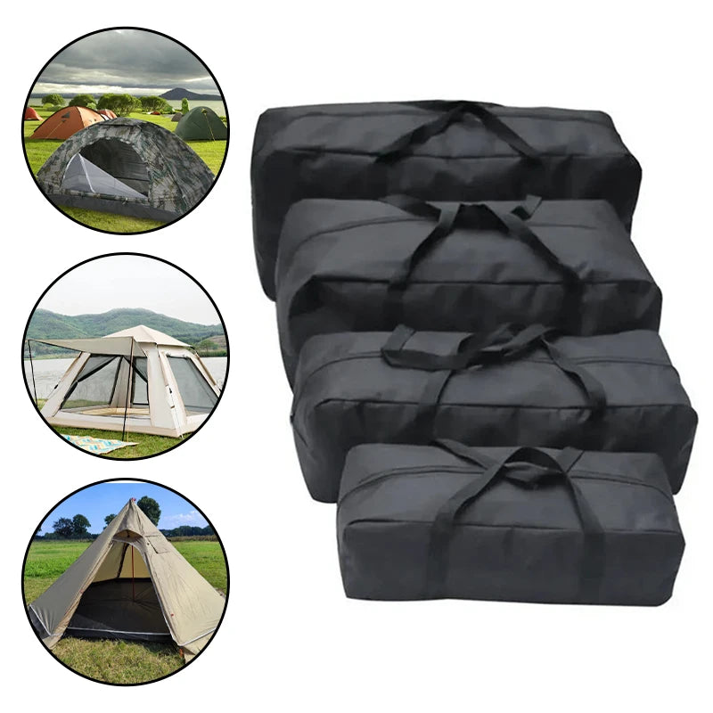 Four black storage bags displayed with round insets showing outdoor tents, suggesting gear storage use