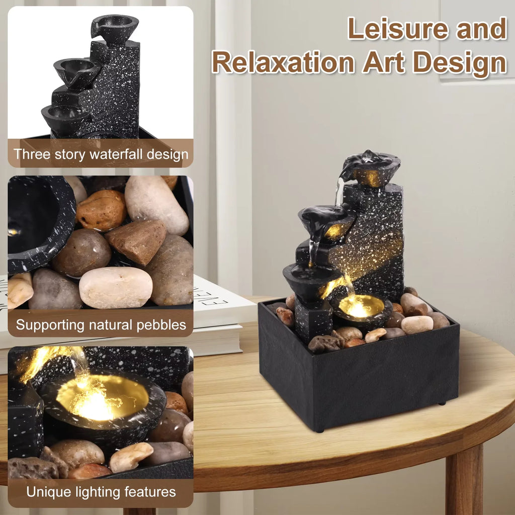 Black speckled tabletop fountain with three waterfall tiers and natural pebbles, shown with supportive close-ups of pebbles and soft LED lighting