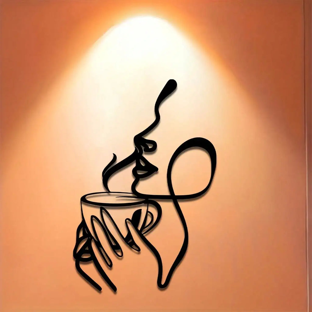 Silhouette face metal wall decor lit by warm ceiling spotlight