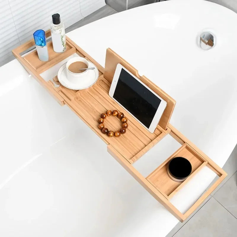 Overhead view of empty expandable wooden bathtub tray showing compartments