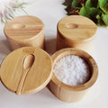 Bamboo salt cellars with lids and built-in spoons for kitchen seasoning storage