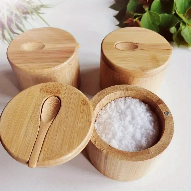 Bamboo salt cellars with lids and built-in spoons for kitchen seasoning storage