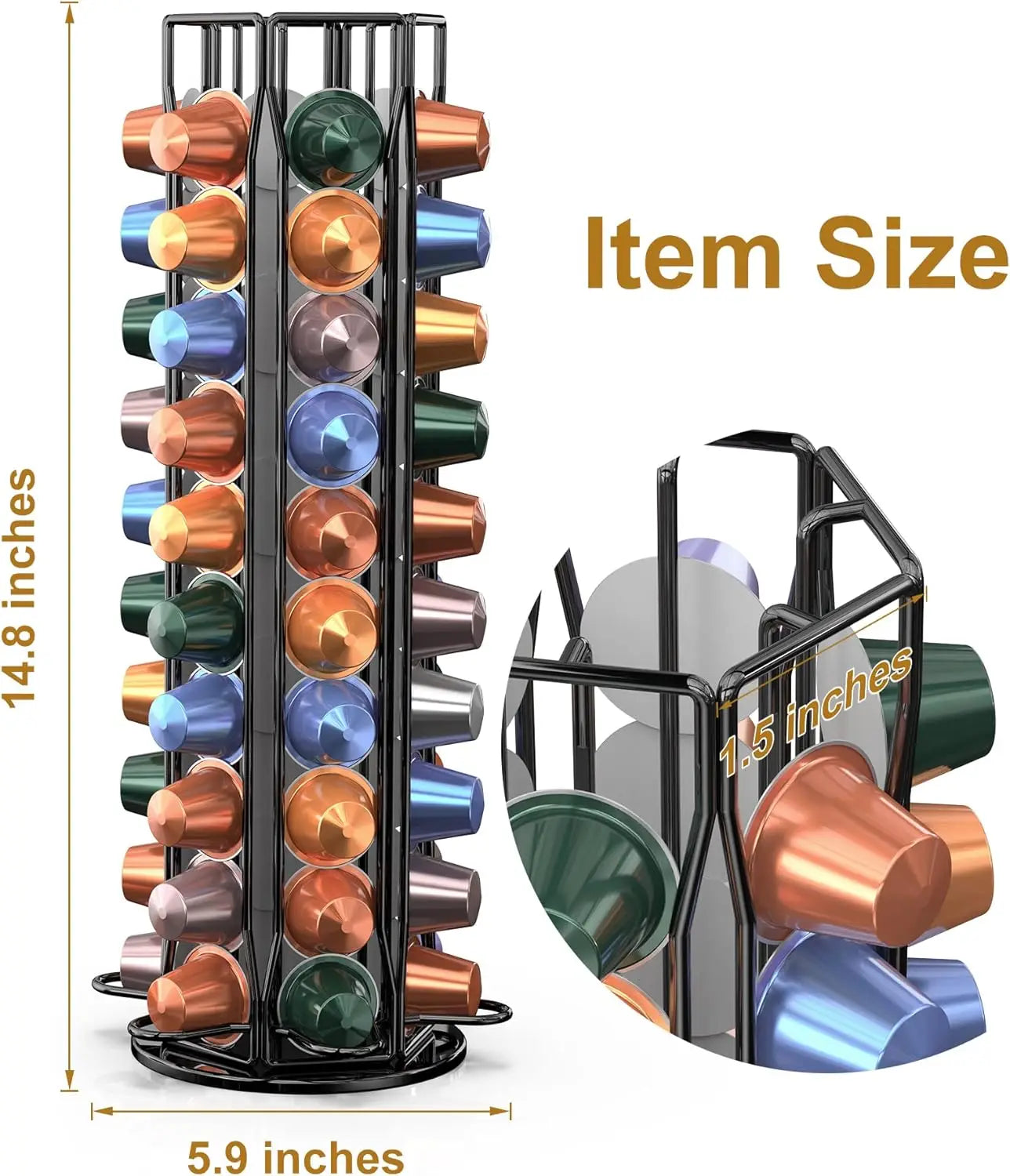 Rotating coffee pod holder for Nespresso OriginalLine showing dimensions in inches