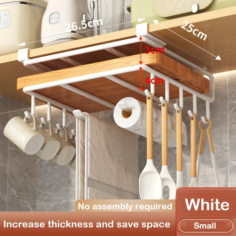 Under Cabinet Metal Organizer Rack with Hooks for Kitchen or Closet