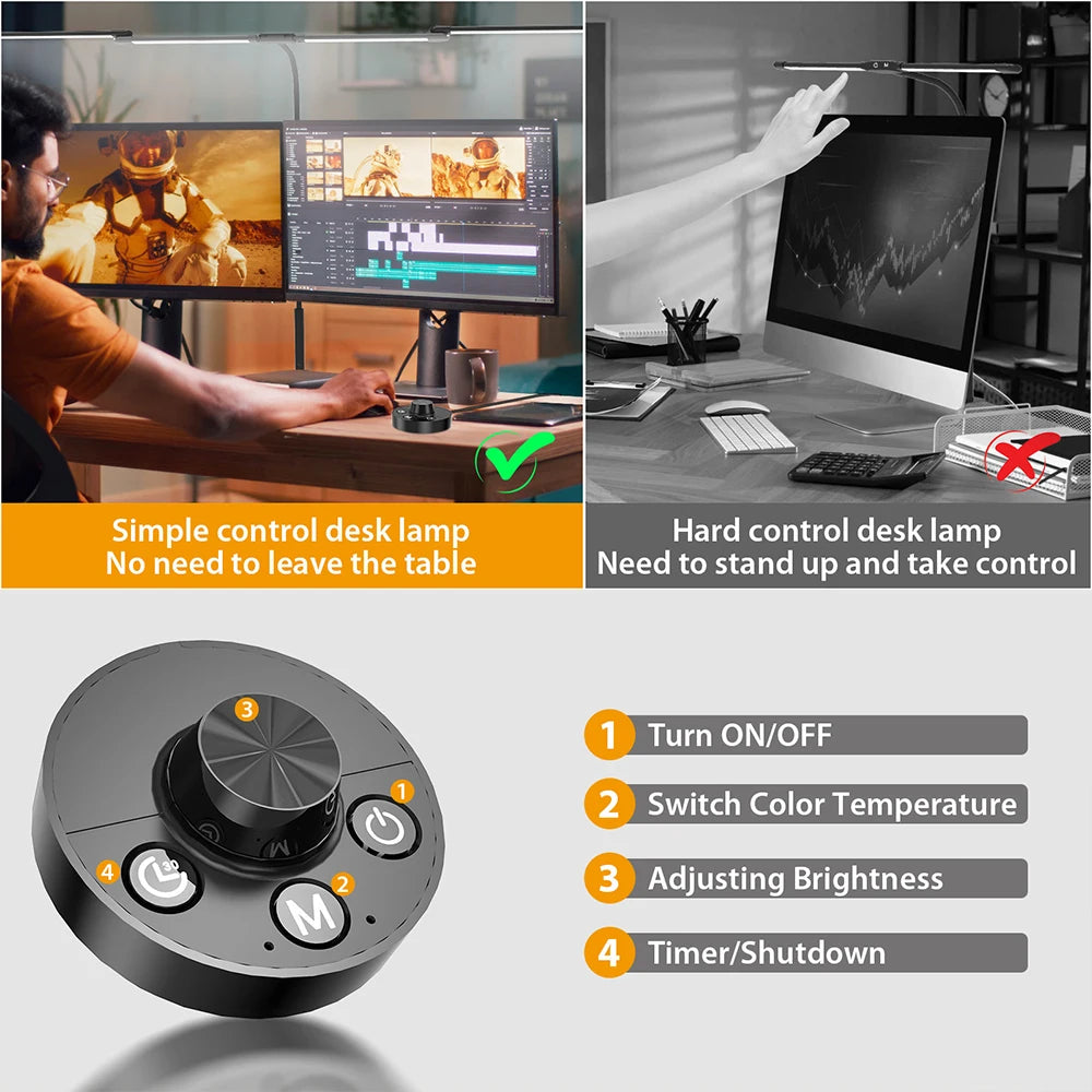 Ultra-Wide 4-Head LED Desk Lamp with Clamp, Stepless Dimming for Home Office & Dual Monitor Setups