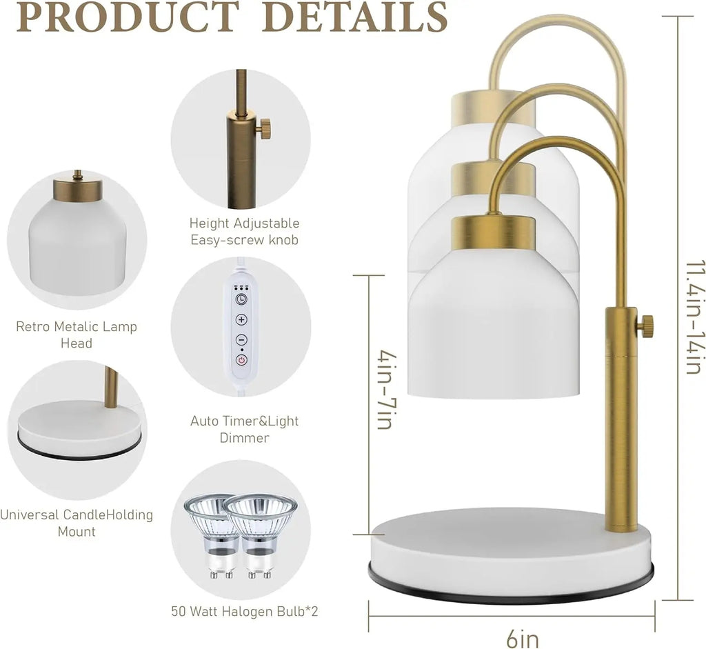 White candle warmer lamp with labeled features and adjustable height diagram