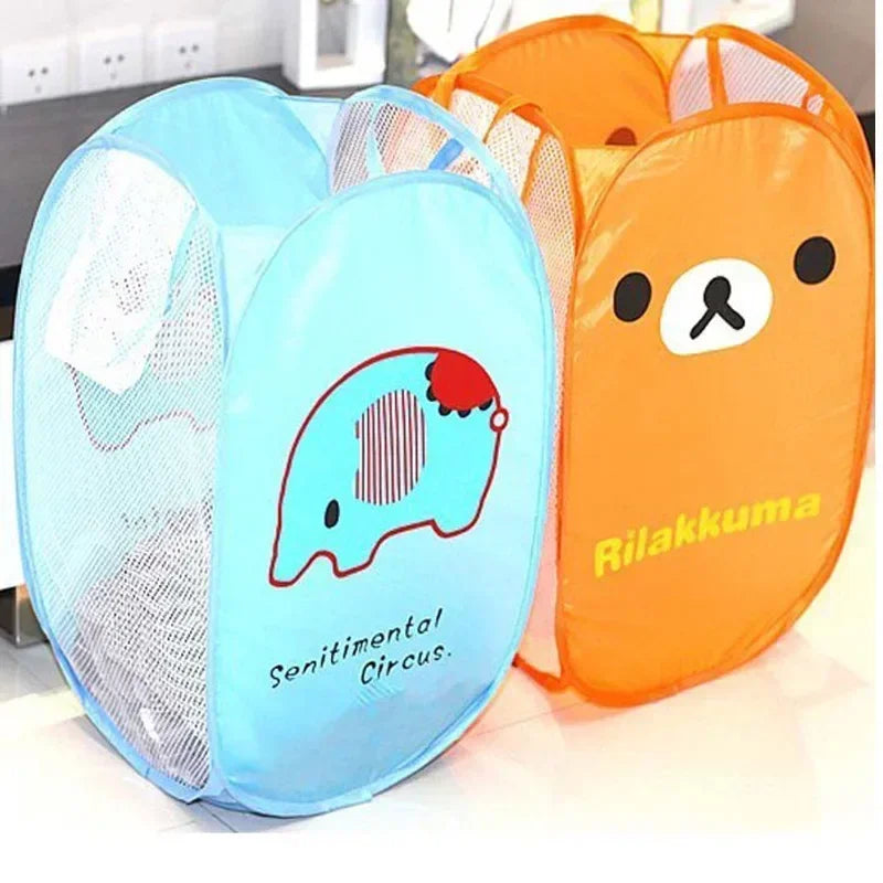 Orange and blue cartoon animal mesh pop-up laundry hampers side by side