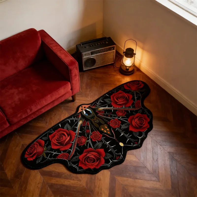 boho butterfly shaped rug with red rose pattern in a cozy living room