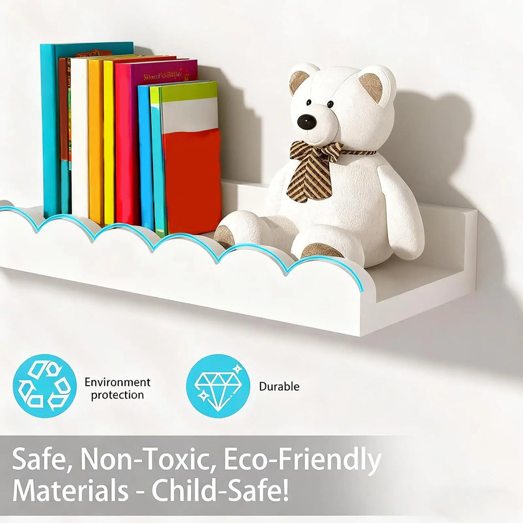 White scalloped-edge bookshelf mounted on a wall with colorful books and a white teddy bear, with child-safe icons