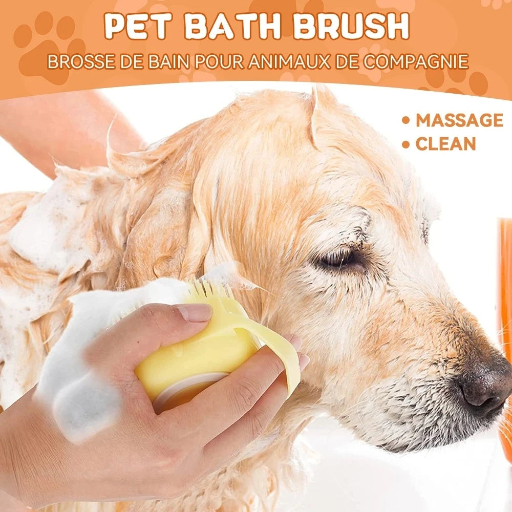 Hand gently using a yellow rubber bristle pet bath brush on a dog's face with visible lather