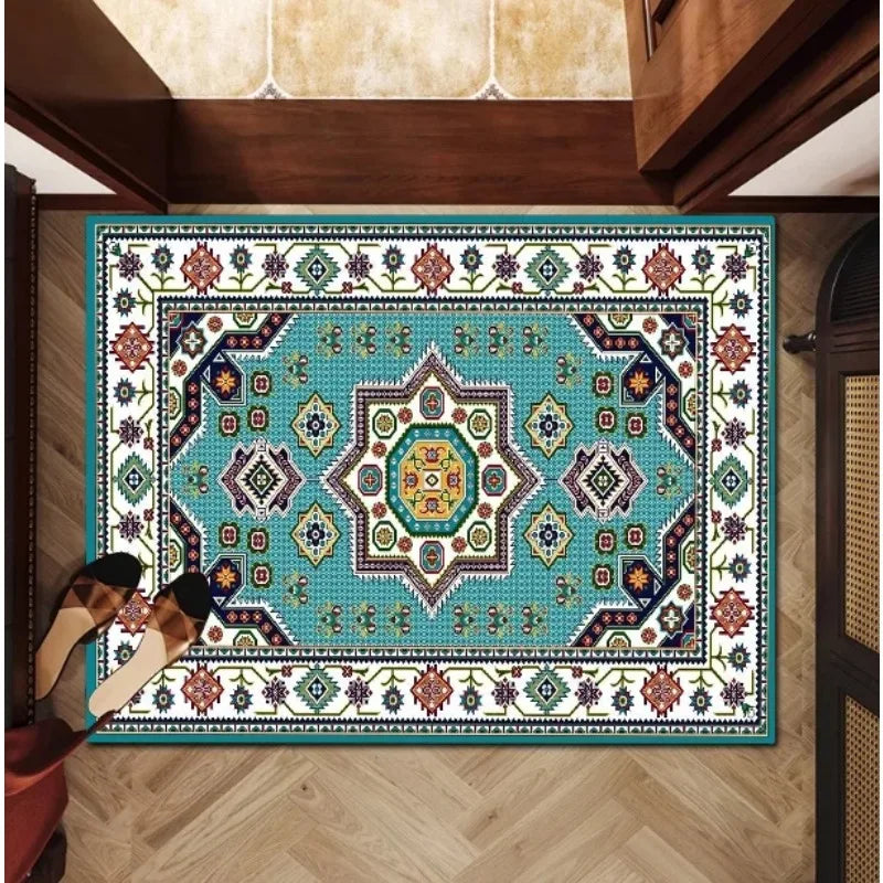 Blue and white woven Persian-style rug with geometric pattern in entryway setting