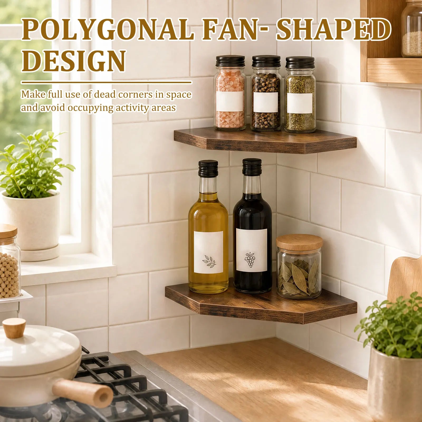 2-Piece Wooden Floating Corner Shelf Set for Kitchen, Living Room, or Bedroom
