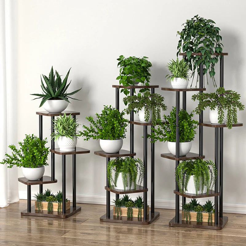 Three dark wood plant stands with multiple potted plants positioned by a wall indoors