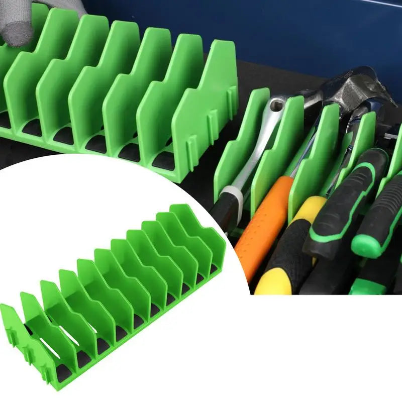 Green hand tool organizer rack in a drawer, holding pliers and other tools.