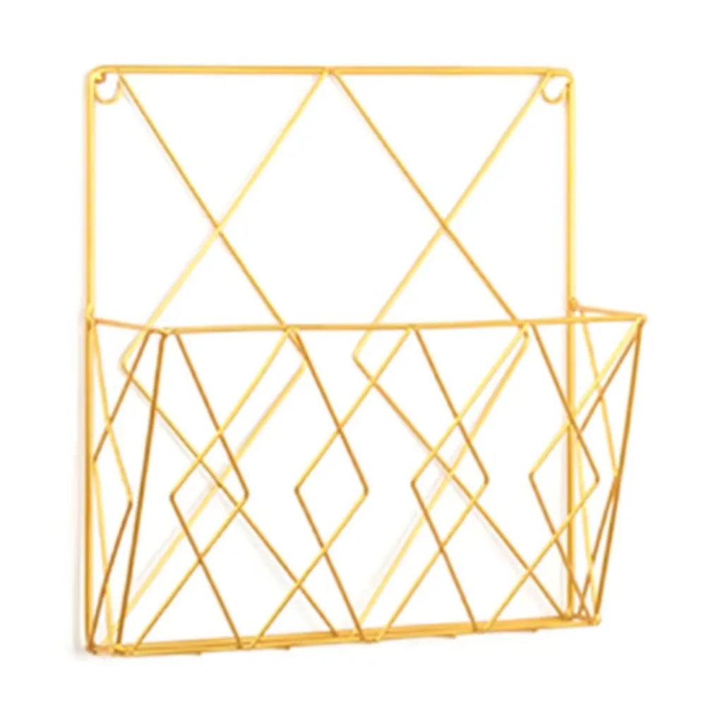 Diamond Grid Metal Wall-Mounted Magazine Rack Organizer – Black or Gold, Living Room & Home Office