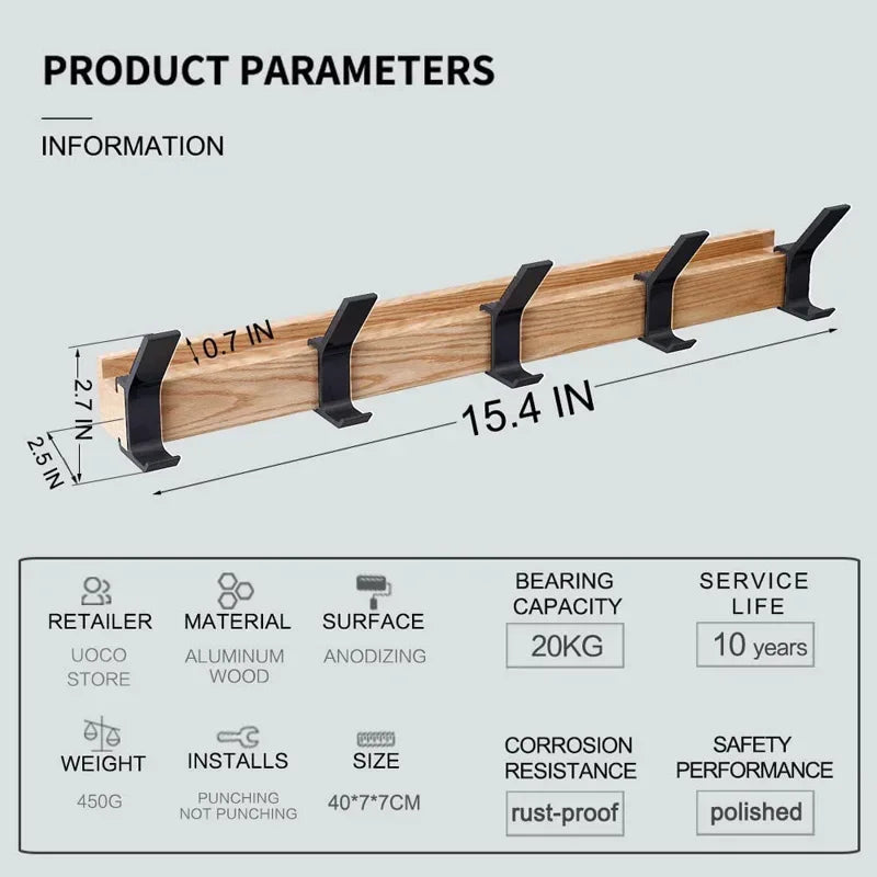 Wall Mounted Oak Coat Rack with 5 Movable Aluminum Hooks
