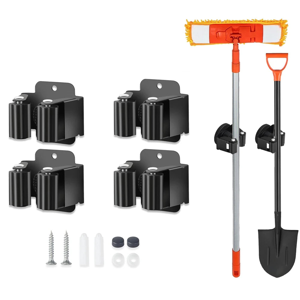 Four wall-mounted broom holders with installation hardware, shown holding cleaning and garden tools