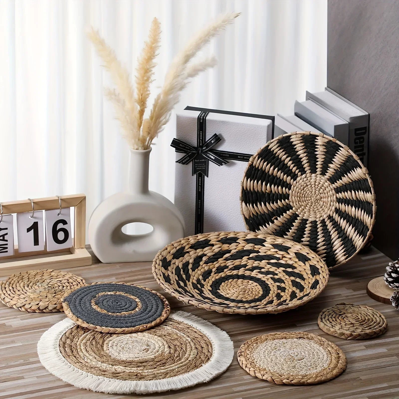boho woven baskets displayed on a wood tabletop with neutral decor