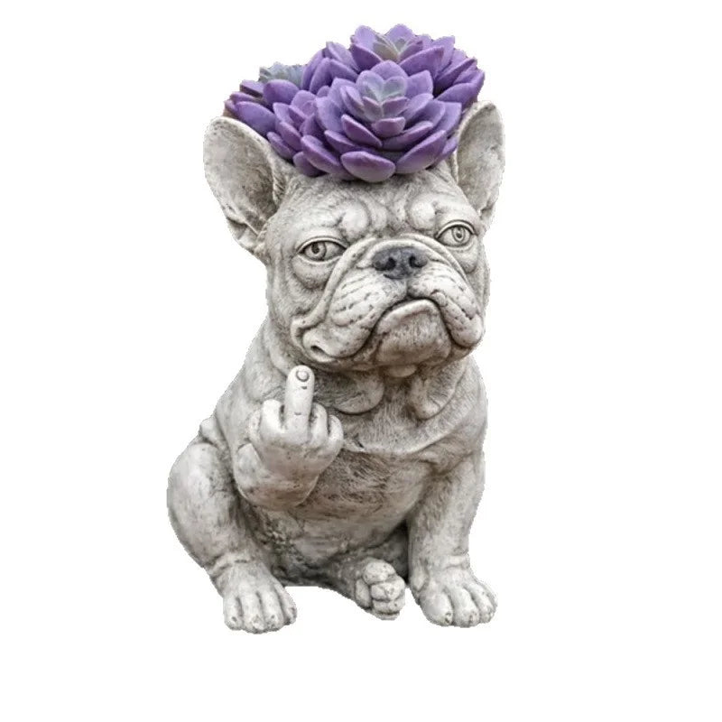 Cartoon French bulldog resin planter with purple succulent, white background