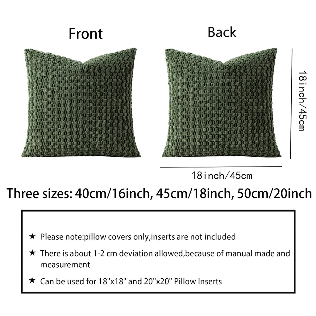 Front and back views of a green textured square pillow cover with labeled size information for each available option
