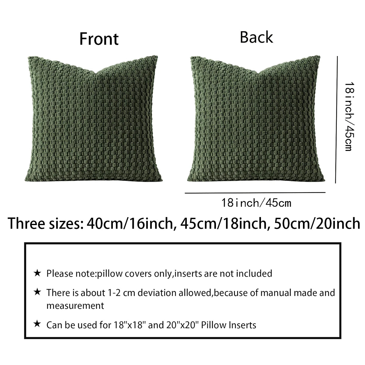 Front and back views of a green textured square pillow cover with labeled size information for each available option