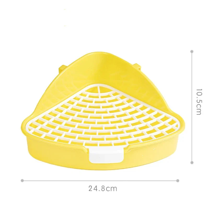 Yellow plastic corner litter tray for small pets with dimension lines