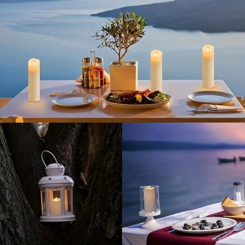 Ivory LED pillar candles used for outdoor dining and displayed in a lantern and on a waterfront table