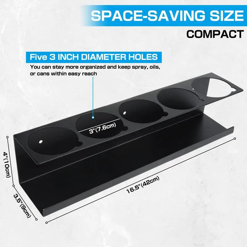 Wall-Mounted Steel Spray Can Organizer Rack — 5 Slot, Black